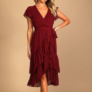 Lulus Have Harmony Burgundy Swiss Dot Ruffled Faux Wrap Midi Dress Red - Size L